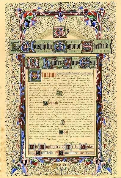 Illuminated address to Michael Hunter, Mayor of Sheffield on his being elected mayor for the second time from the employees of Talbot Works [M. Hunter and Son, Cutlery Manufacturers, Talbot Works, Savile Street, Sheffield], 1855