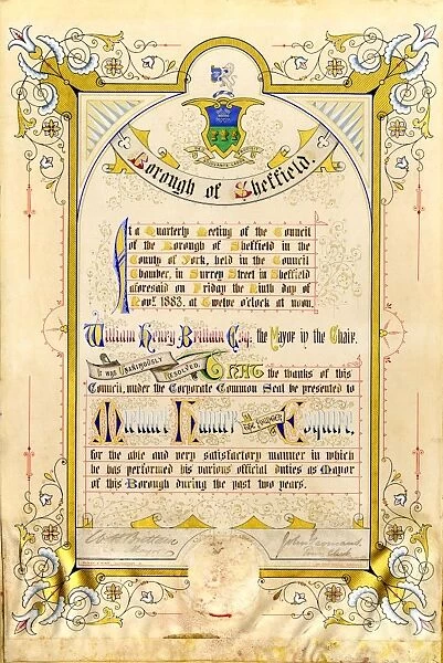 Illuminated address to Michael Hunter on his completing two years as mayor from the Borough Council of Sheffield, 1885