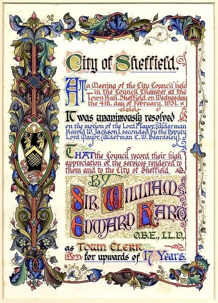 Part of the illuminated address from the Sheffield Corporation recording appreciation for Sir William Edward Harts services to Local Government and the city of Sheffield a 1931