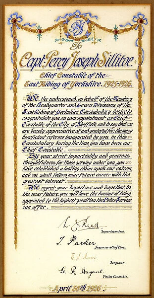 Illuminated letter to Captain Percy Joseph Sillitoe (Chief Constable of the East Riding of Yorkshire) congratulating him on his appointment as Chief Constable of City of Sheffield, 1926