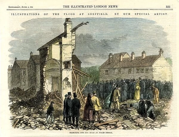Illustrated London News: Illustrations of the flood at Sheffield by our special artist - searching for the dead at Malin Bridge, 1864