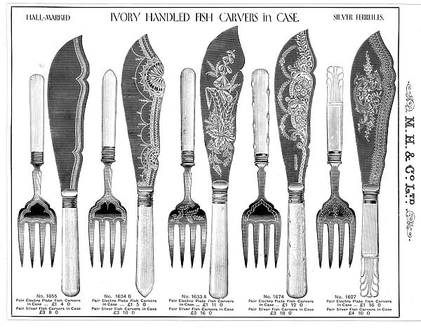 Ivory handled fish carvers manufactured by Martin, Hall and Co Ltd. Silversmiths, Electro Plate and Cutlery Manufacturers, Shrewsbury Works, 53 Broad Street, Park, Sheffield, c. 1900