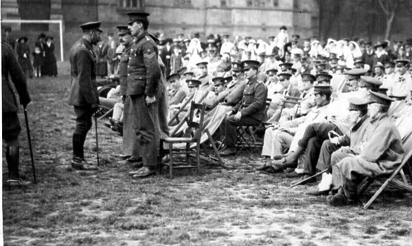 King George V addressing CPL. Fuller. V. C. SGT. Joseph. D. C. M. and SGT. Crookes. D. C. M. 3rd Northern General Base Hospital, Sheffield, 1915