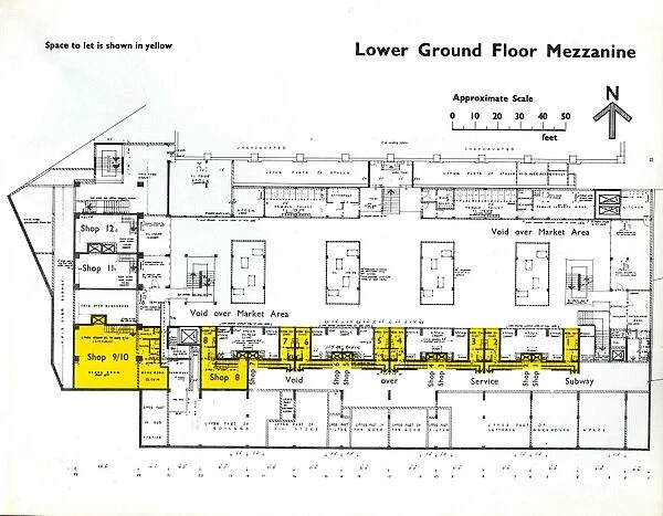 Lower ground floor mezzanine plan of new Castle Market, Haymarket  /  Waingate, 1958