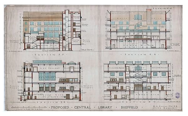 New Central Library and Art Gallery building, Surrey Street - sections, 1930