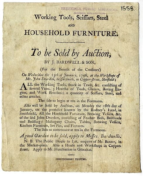 Notice of sale of working tools, scissors, steel and household furniture of John Dearden, scissorsmith, in Copper Street, Sheffield, 1796