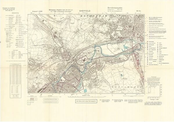 Ordnance Survey map of east end of Sheffield (and Rotherham) copied by the Germans, and marked with bombing targets
