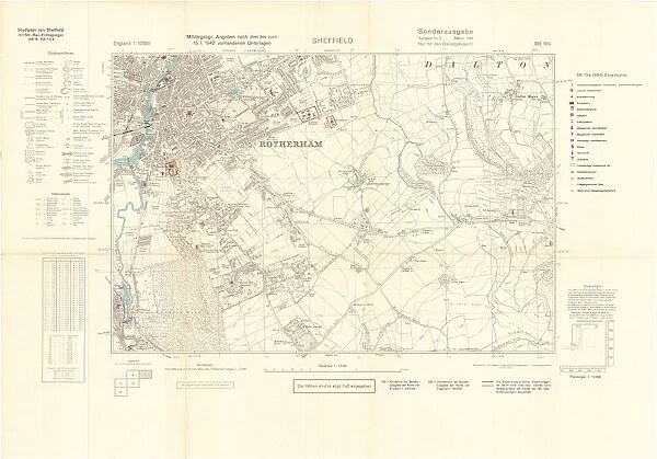 Ordnance Survey map of Rotherham copied by the Germans, and marked with bombing targets