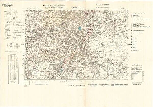 Ordnance Survey map of south Sheffield copied by the Germans, and marked with bombing targets