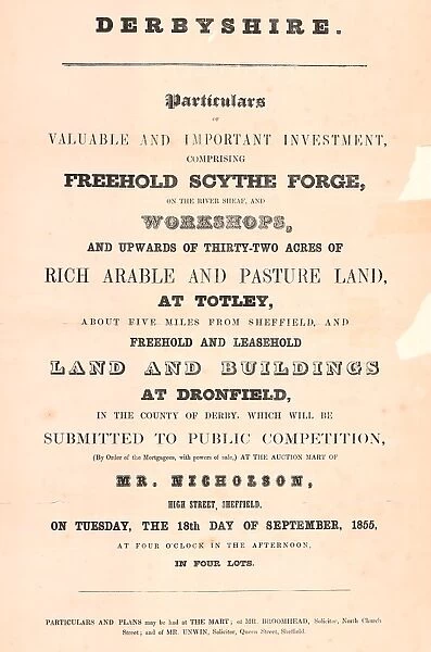 Particulars of valuable and important investment, comprising freehold scythe forge on the River Sheaf and workshops and upwards of 32 acres of rich arable and pasture land at Totley, 1855