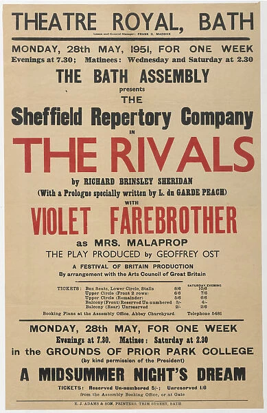 Playbill for The Rivals performed by the Sheffield Repertory Company at the Theatre Royal, Bath, Somerset, 1951