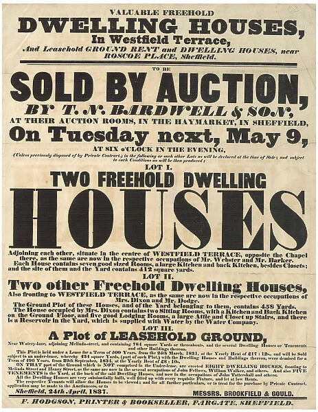 Poster Bill announcing the sale by auction of dwelling houses in Westfield Terrace, Sheffield, Yorkshire, 1837
