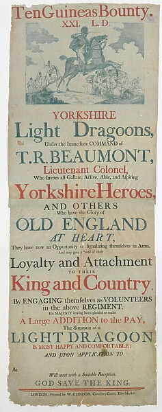 Recruiting poster for the Yorkshire Light Dragoons, Napoleonic Wars, c. 1800