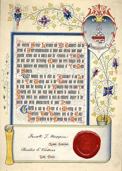 Replica of the illuminated address presented to Queen Victoria on the occasion of her visit to Sheffield to open the Town Hall, 1897