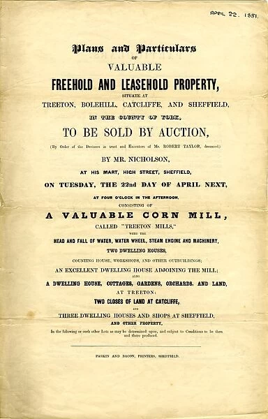 Sale particulars for property at Treeton, Bolehill, Catcliffe and Sheffield, 1851