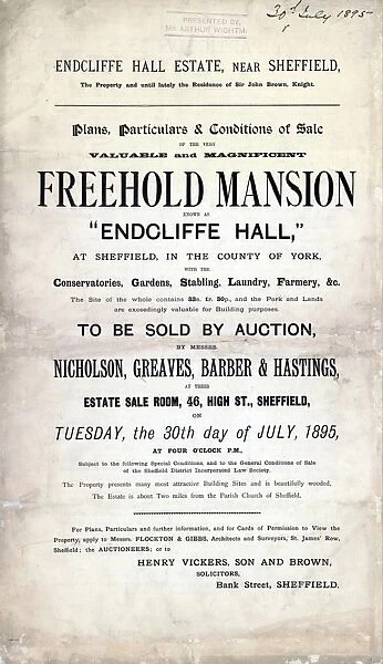 Sale particulars for the very valuable and magnificent freehold mansion known as Endcliffe Hall, 1895