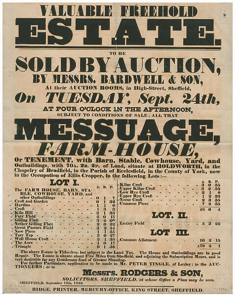 Sale poster for the farm and land of Ellis Crapper, of Holdworth, Bradfield, 1839