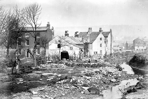 Sheffield Flood, Damage at the head of Bacon Island (formed by the River Don dividing into two branches), 1864. House on left, is The Grove, off Low Road, (named as a Boarding School in the book, Photographs of the Sheffield Flood ). Goit, right
