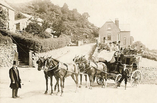 Sheffield-Manchester horse drawn coach at Hollow Meadows, c. 1890