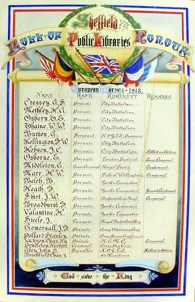 Sheffield Public Libraries Roll of Honour 1914-1918