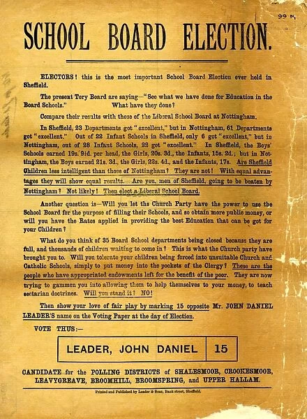Sheffield School Board Election - vote for John Daniel Leader, 1888
