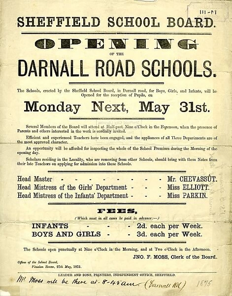 Sheffield School Board - opening of the Darnall Road Schools for boys, girls and infants, 1875