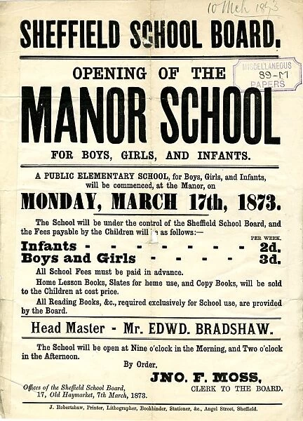 Sheffield School Board - opening of the Manor School for boys, girls and infants, 1873