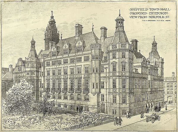 Sheffield Town Hall, proposed extension, view from Norfolk Street, c. 1900