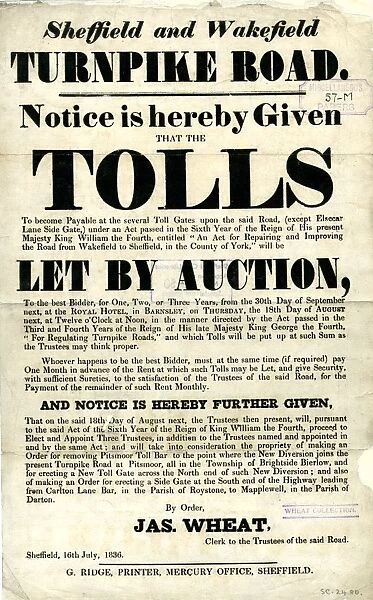 Sheffield and Wakefield Turpike Road - tolls to be let by auction, 1836