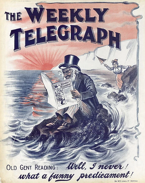 Sheffield Weekly Telegraph poster: old gent reading - well I never! What a funny predicament!, 1901