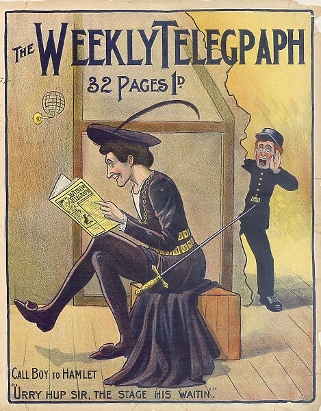Sheffield Weekly Telegraph poster: call boy to Hamlet Urry hup, sir, the stage is waitin, 1901