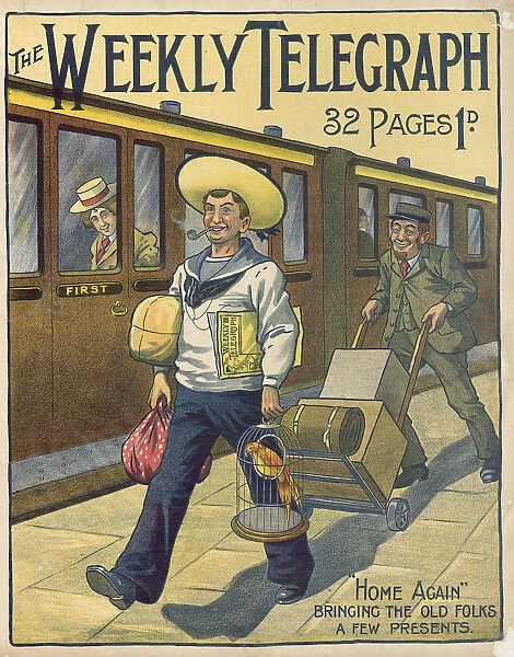 Sheffield Weekly Telegraph poster: Home again. Bringing the old folks a few presents, 1901