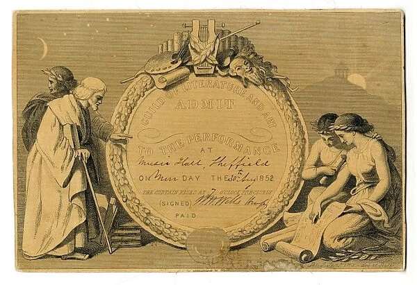 Specially designed admission cards to a performance which was given in the Music Hall, Sheffield, under the management of Charles Dickens, 1852