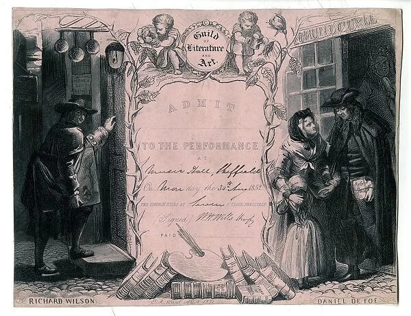 Specially designed admission cards to a performance which was given in the Music Hall, Sheffield, under the management of Charles Dickens, 1852
