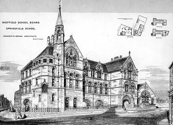 Springfield School, Architects Design, Cavendish Street, foreground, Broomspring Lane, left, 1874