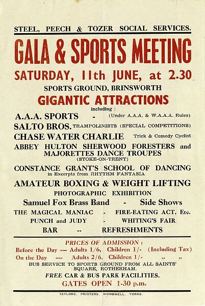 Steel Peech and Tozer Social Services, gala and sports meeting, Saturday 11th June [c. 1930s], Sports Ground, Brinsworth