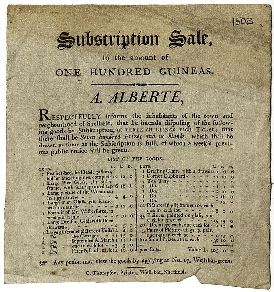 Subscription sale to the amount of 100 guineas - A. Alberte respectfully informs the inhabitants of the town and neighbourhood of Sheffield, that he intendeds disposing of the following goods by subscription, at 3s each ticket a [raffle], [1820s]