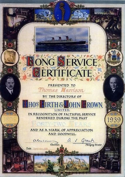 Thomas Firth and John Brown 42 years Long Service Certificate presented to Thomas Harrison, 1939
