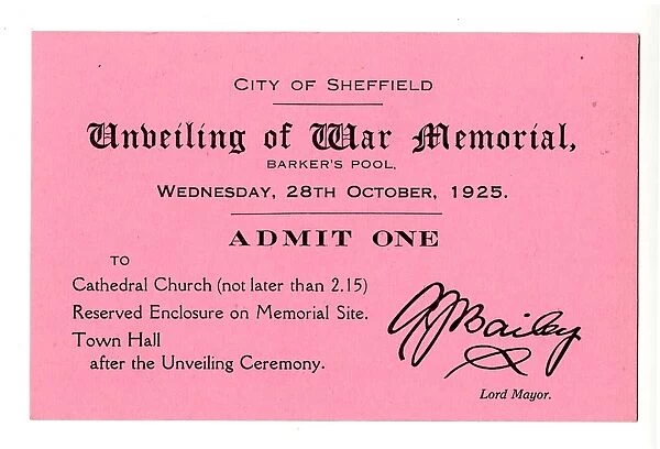 Ticket for the unveiling of the War memorial, Barkers Pool, 1925