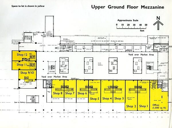 Upper ground floor mezzanine plan of new Castle Market, Haymarket  /  Waingate, 1958