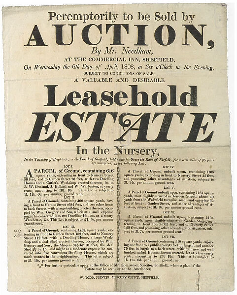 Valuable and desirable leasehold estate to be sold by Auction, garden Street, and Nursery Street, Sheffield, Yorkshire, 1808