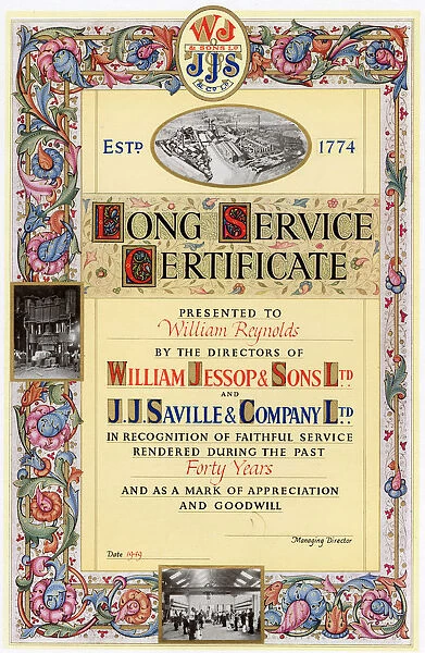 William Jessop and Sons Ltd and J. J. Savile and Co Ltd. long service award, 1949