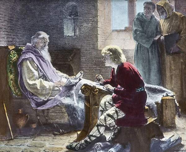 A Hand Coloured Magic Lantern Slide Circa 1900. Venerable Bede Translating The Last Chapter Of The Bible St John. Image Of Bede Only Hours Before He Died. In Attendance Are Two Of His Fellow Monks Looking Somewhat Distressed, While Bede Himself However, Carries On Working. A Young Scribe Is By His Side And He Is Determined To Finish His Present Task Before He Goes To Meet His Maker