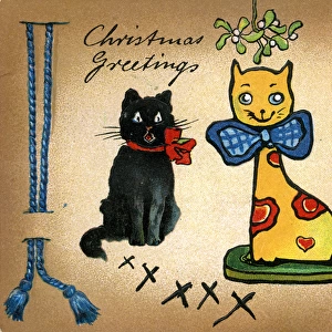 Christmas card, black cat and china cat
