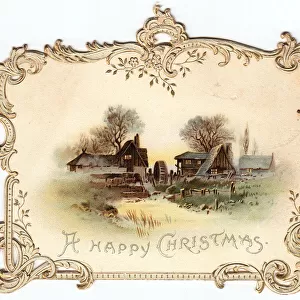 Country farming scene on a Christmas card