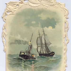 Sailing ship and lightship on a Christmas card