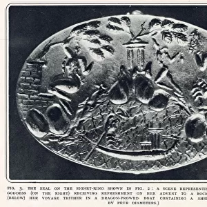 The seal of a royal Minoan signet ring found at Knossos in Crete. Date: 1931