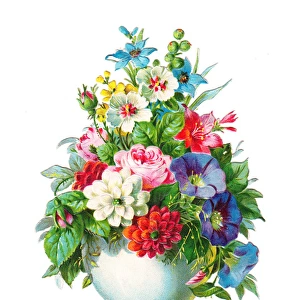 Vase of assorted flowers on a Victorian scrap