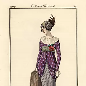 Woman in tea gown, sheath dress and turban, 1912