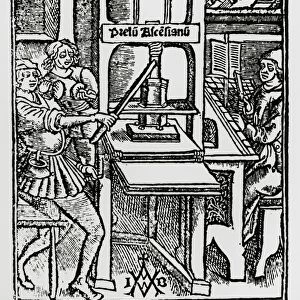 Engraving of early German printing press of 1522